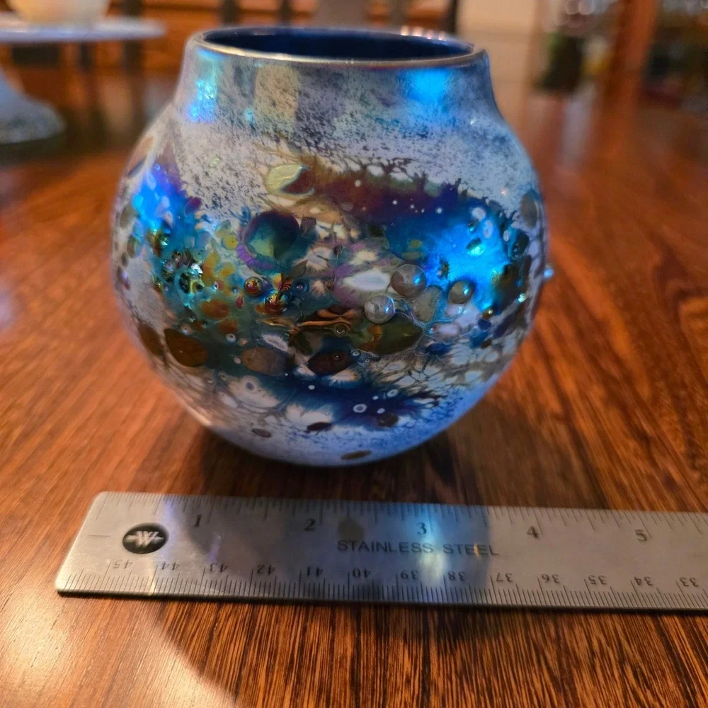 Hand Blown Iridescent Art Glass Vase Cobalt Blue Millefiori Studio Glass 5.5